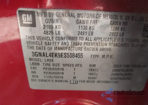 2014 Chevrolet Captiva Sport Ltz из США, поврежденный, VIN 3GNAL4EK9ES508455